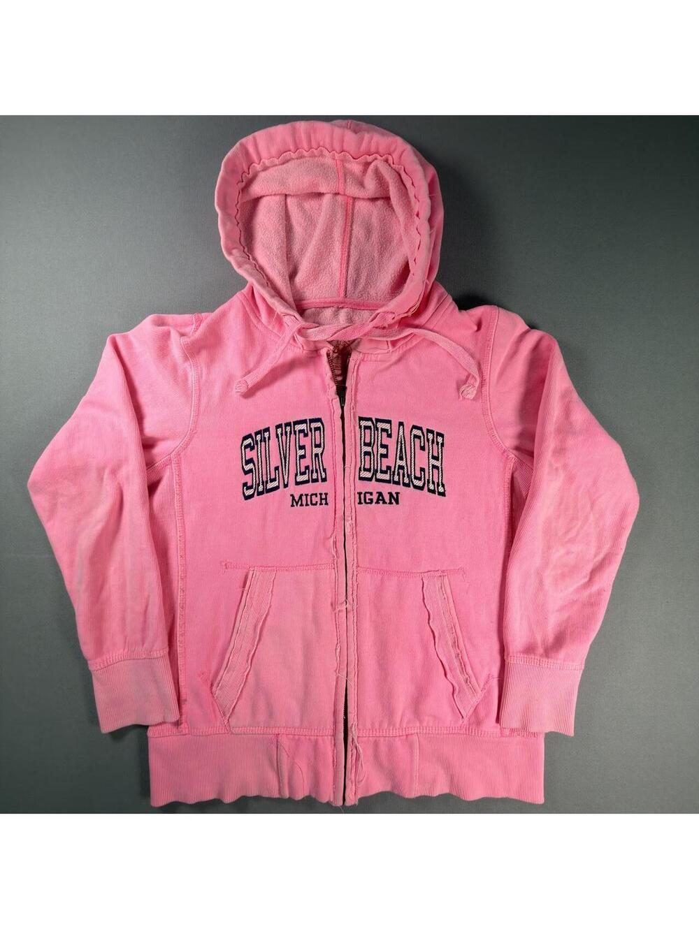 VTG Silver Beach Michigan Zip Up Hoodie Pink Sweatshirt Womens L